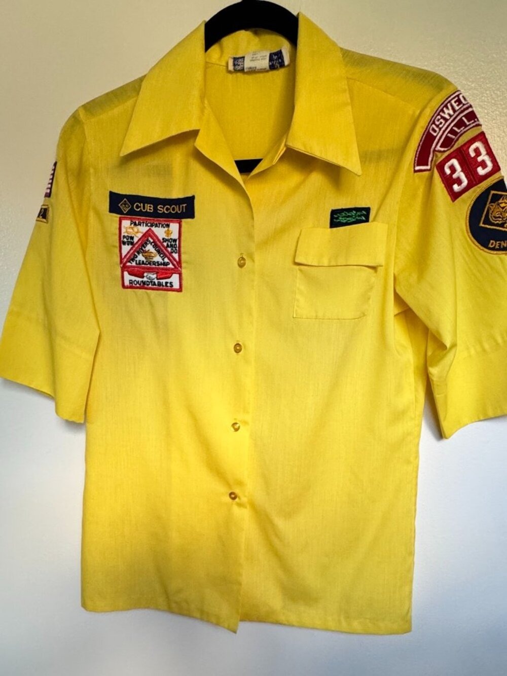Vintage 60s 70s BSA Cub Scout Den Mother Yellow Uniform Shirt 33.5 Oswego IL